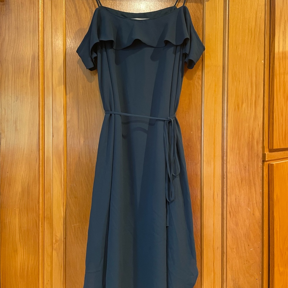 LOFT Dark Teal Ruffled Tie Waist Off-Shoulder Midi Dress